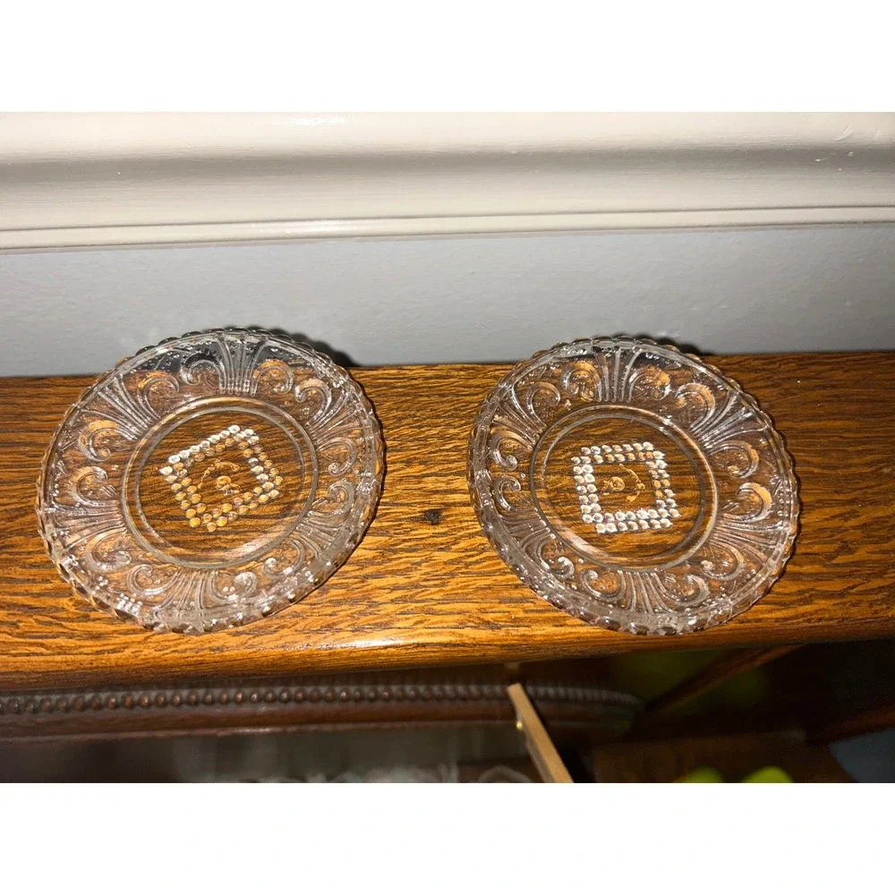 Vintage Clear Pressed Glass Coasters Set of 2 Victorian Scroll Beaded Design